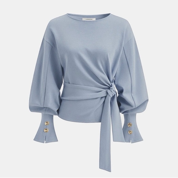 Commense Tops - Commense Powder Blue Tie-Waist Blouse